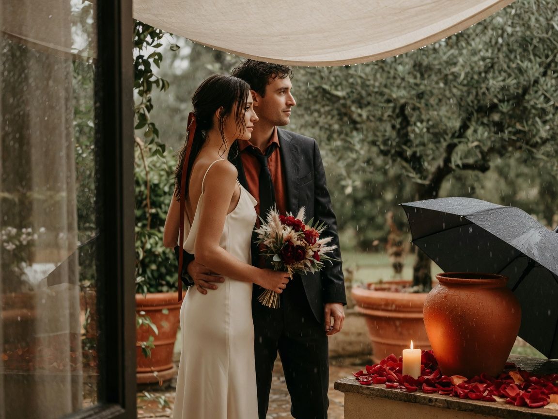 Wedding editorial in natural light with rain effects
